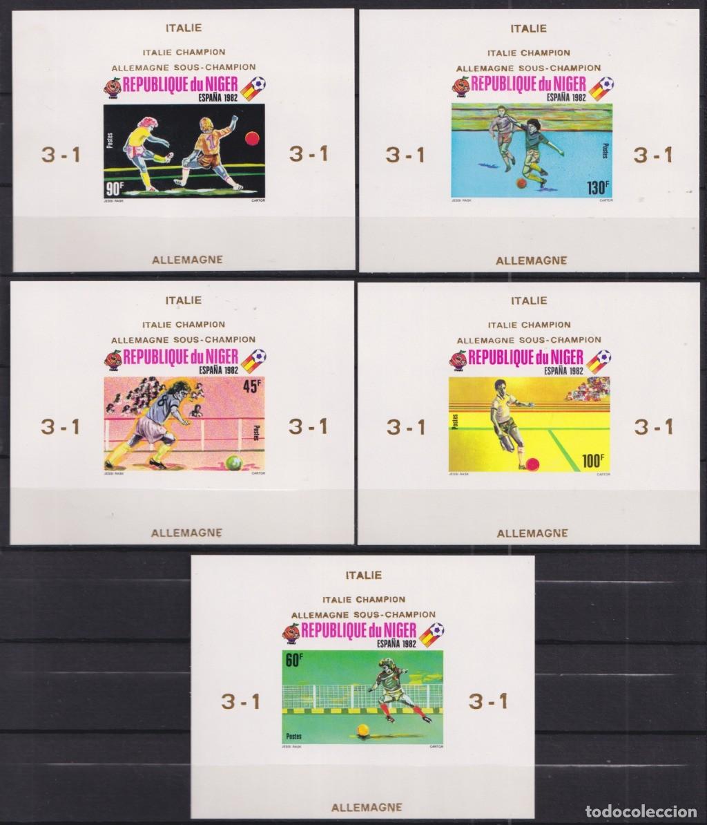 Francobolli: F-EX51973 NIGER MNH 1982 SOCCER FOOTBALL 5 IMPERF CARBOARD PROOF GOLDEN OVERPRINT WINNER.