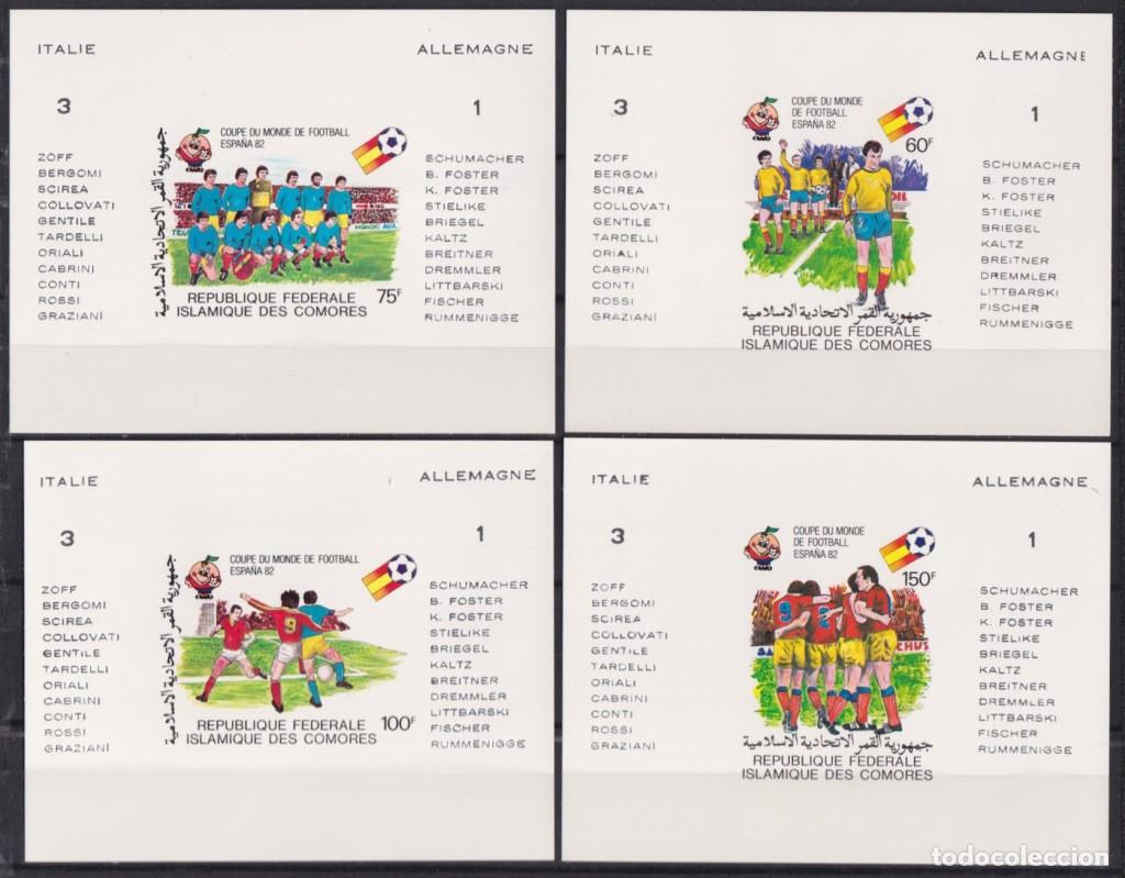 Timbres: F-EX52611 COMORES MNH 1982 SOCCER FOOTBALL 4 IMPERF CARBOARD PROOF SILVER OVERPRINT WINNER.