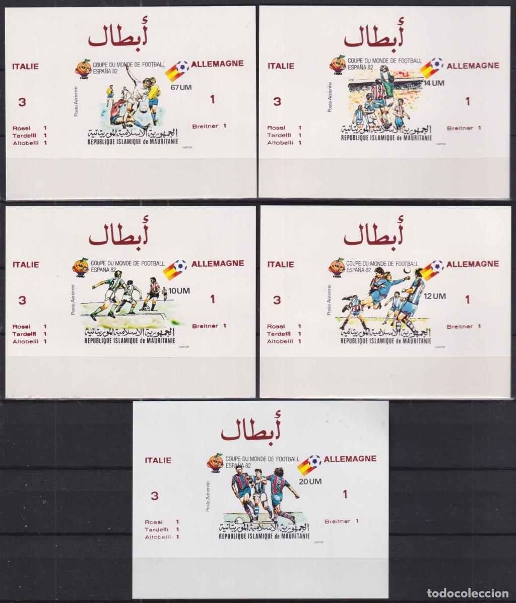 Timbres: F-EX52421 MAURITANIA MNH 1982 SOCCER FOOTBALL 5 IMPERF PAPER (1) CARBOARD (4) PROOF SILVER OVERPRINT