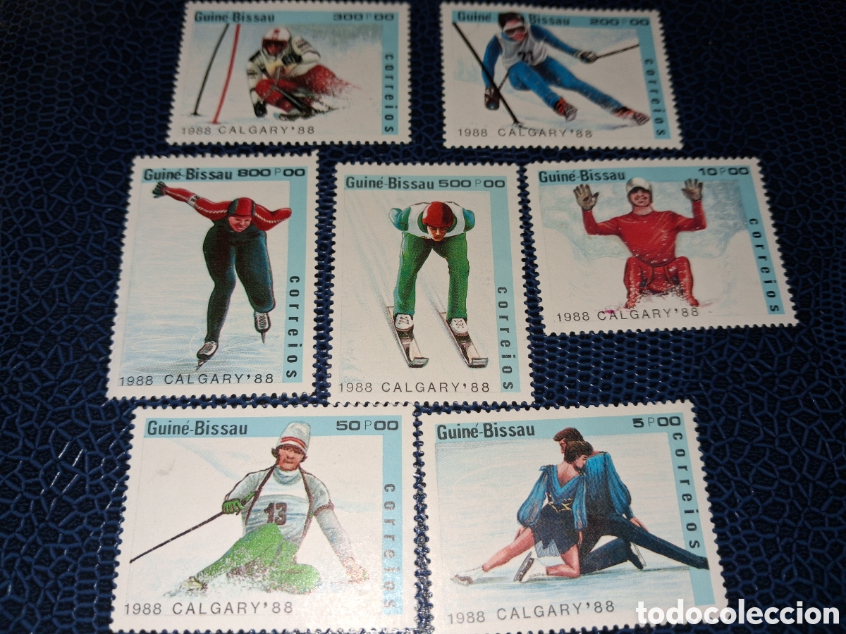Sellos: Sello Guinea Bissau no mtdo/udo. 1988. Juegos. Invierno. Deporte. Patinaje. Salto. Calgary. Canada.