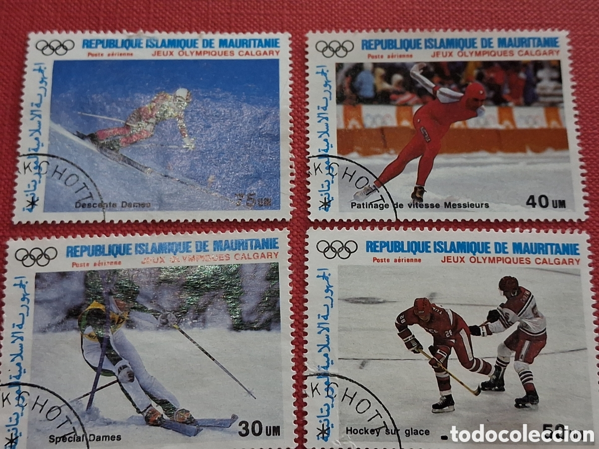 Sellos: Sello Mauritania mtdo/rdo 1988. Juegos olimpiada invierno. Calgary. Deporte. Esqu&iacute;. Patinaje. Salro