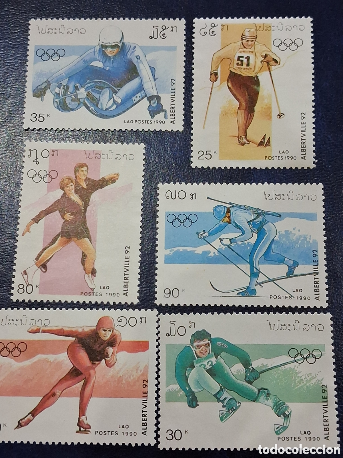 Sellos: Sello Laos no mtdo/rdo 1990. Juegos olimpiada invierno. Albertville. Deporte. Esqu&iacute;. Fondo. Patinaje
