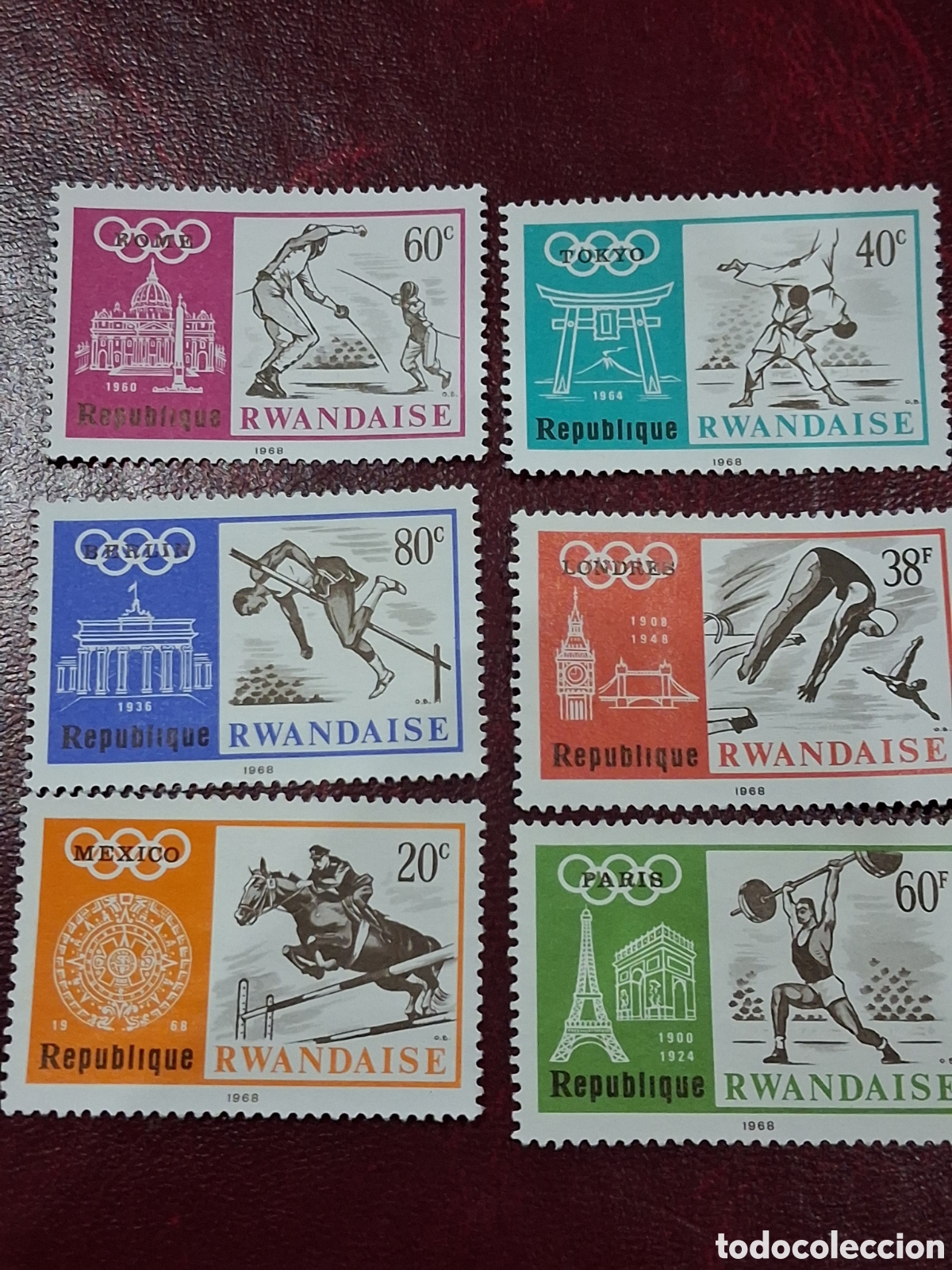Sellos: Sello Ruanda no mtdo/rdo 1968. Juegos olimpiada. M&eacute;xico. Deporte. H&iacute;pica. Caballo. Judo. Halterofili
