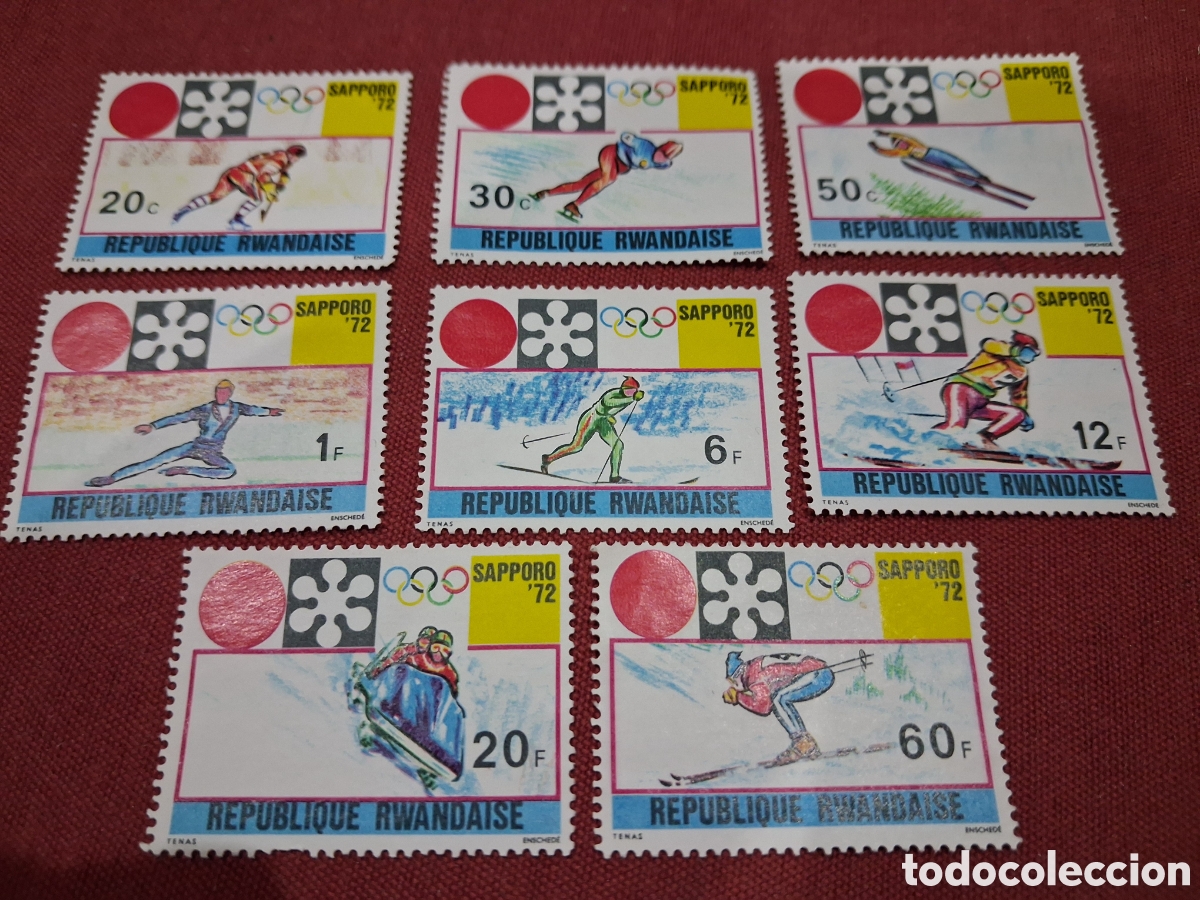 Sellos: Sello Ruanda no mtdo/rdo 1972. Juegos olimpiada invierno. Sapporo. Deporte. Esqu&iacute;. Salto. Patinaje