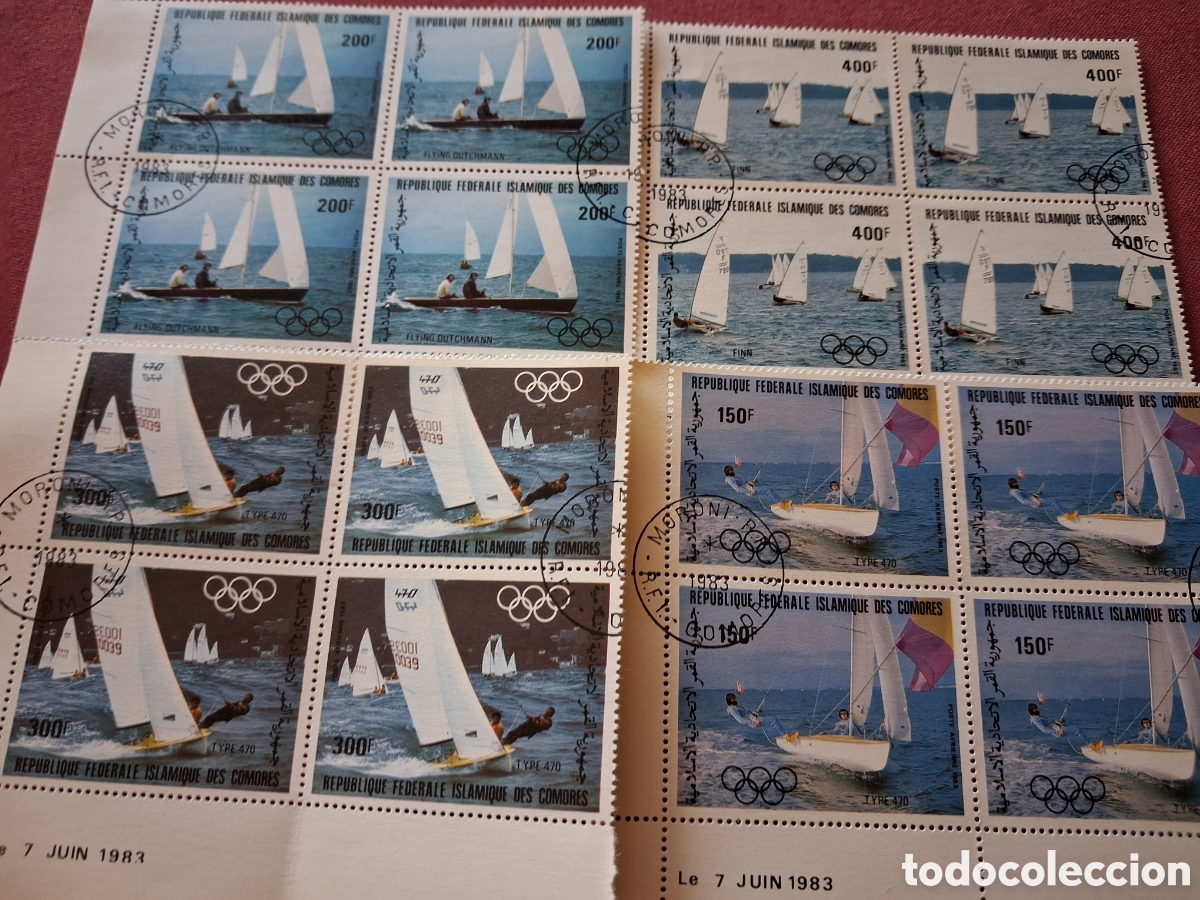 Sellos: Sello Comoras mtdo 983. Juegos olimpiadas verano. Los Angeles. Veleros. Deportes. Regata.