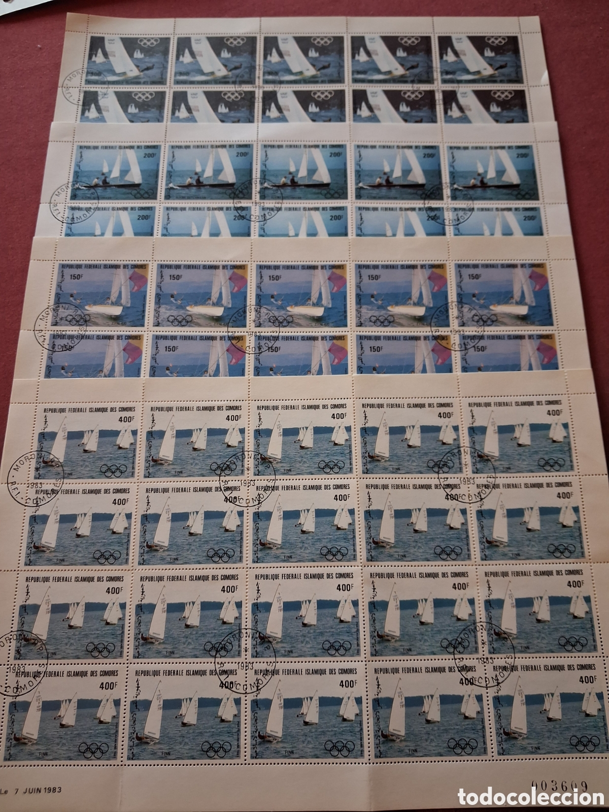 Sellos: Sello, Pliego Comoras mtdo 1983. Juegos olimpiadas verano. Los Angeles. Veleros. Deportes. Regata. V