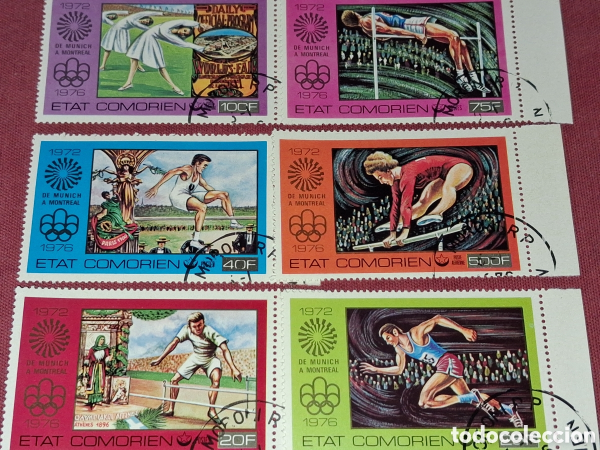 Sellos: Sello (2series) Comoras mtdo 1976. Juegos olimpiada Montreal. Deporte. Salto. Carreras. Atletas