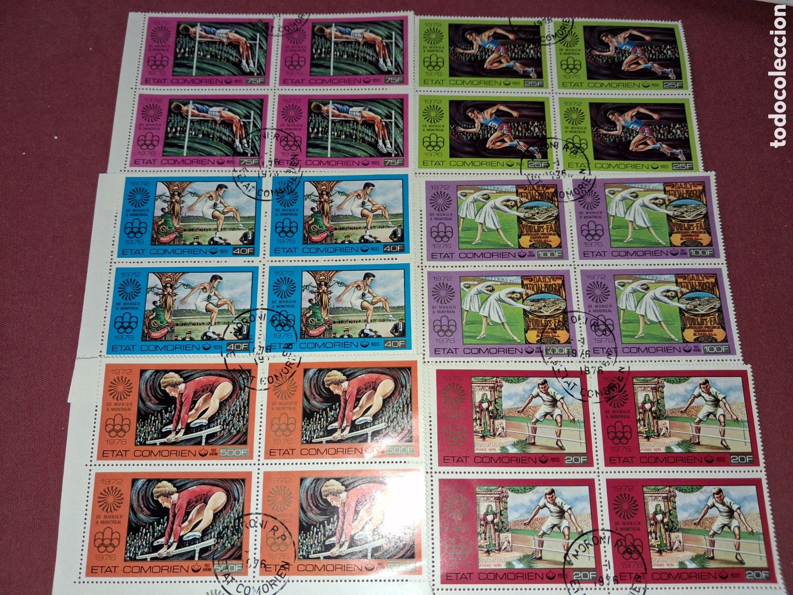Sellos: Sello (2series) Comoras mtdo 1976. Juegos olimpiada Montreal. Deporte. Salto. Carreras. Atletas