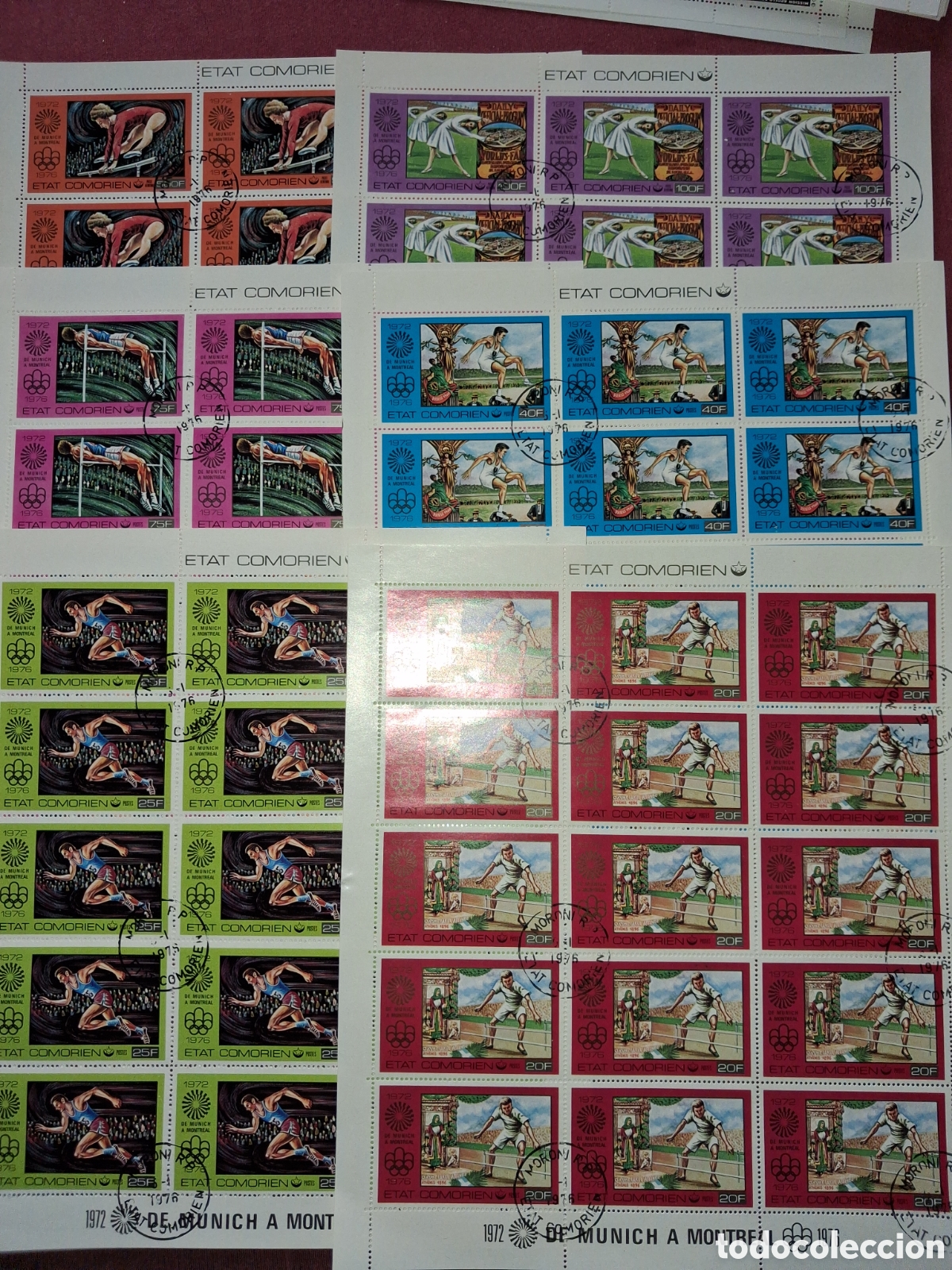 Sellos: Sello, Pliego (2series) Comoras mtdo 1976. Juegos olimpiada Montreal Deporte. Salto Carrera Atleta