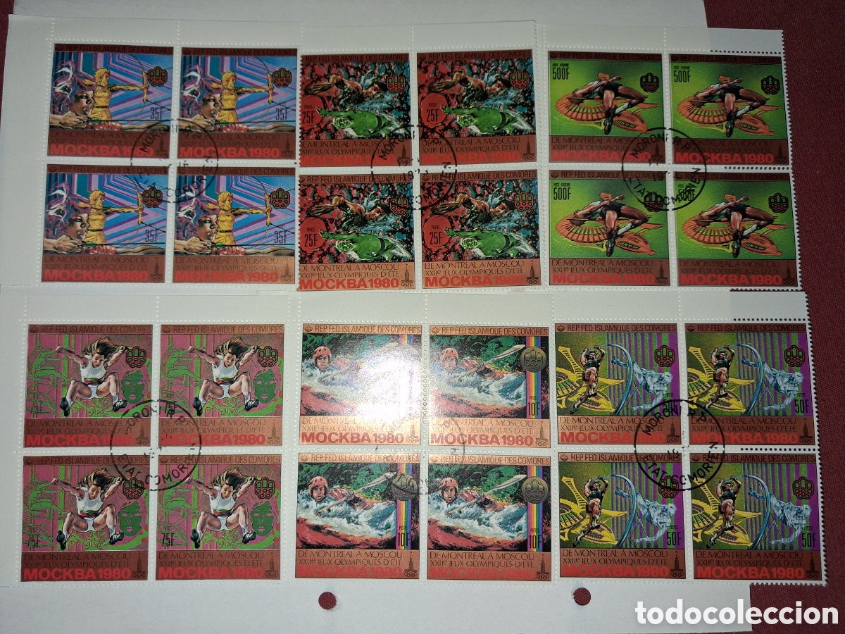 Sellos: Sello (2series) Comoras mtdo 1979. Juegos olimpiada Mosc&uacute;. Deporte. Nataci&oacute;n. Salto. Arco. P&eacute;rtiga.