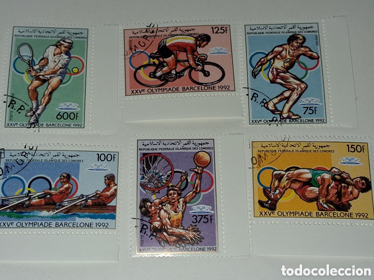 Sellos: Sello Comoras mtdo 1988. Juegos olimpiada Barcelona,92. Deporte. Baloncesto. Tenis. Ciclismo. Disco.
