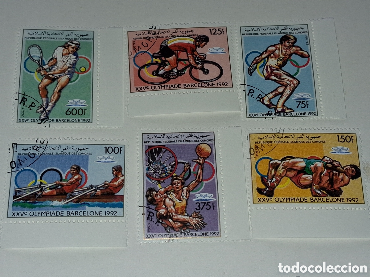 Sellos: Sello Comoras mtdo 1988. Juegos olimpiada Barcelona,92. Deporte. Baloncesto. Tenis. Ciclismo. Disco.