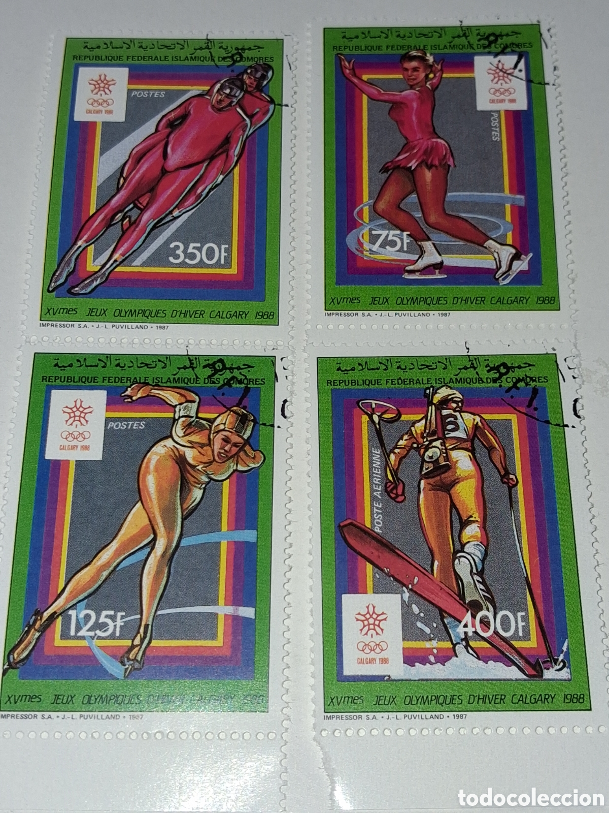 Sellos: Sello Comoras mtdo 1988. Juegos olimpiada invierno. Calgary. Deporte. Esqui. Fondo. Parinaje artisti