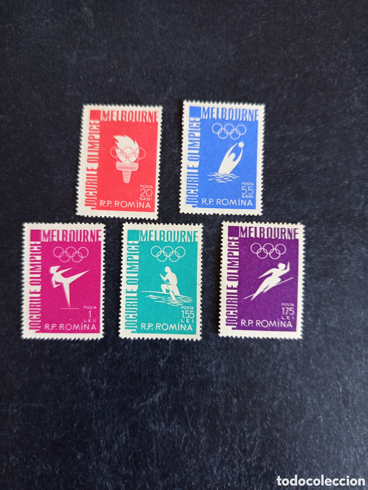 Sellos: Ruman&iacute;a, 1956. Deportes: Olimpiada Melbourne. Yv 1473/7. Serie completa. Pedido m&iacute;nimo 3 &euro;.