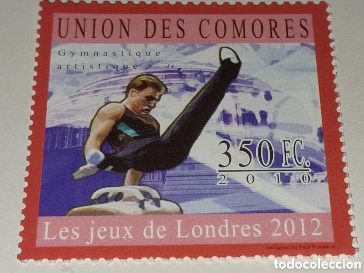Sellos: Sello Comoras nuevo 2010. Juegos olimpiada. Londres. Deporte. Gimnasta. Ateltas. Potro.