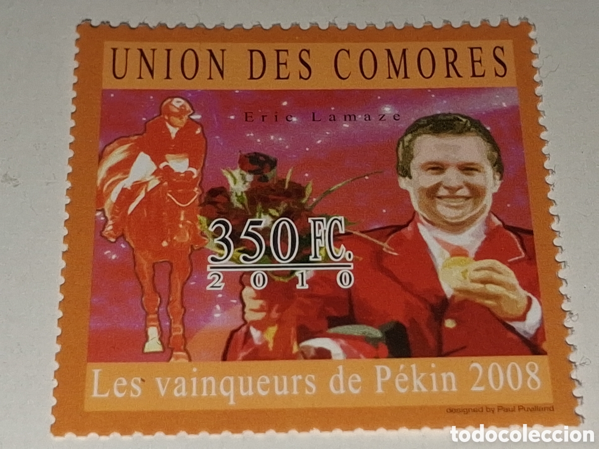 Sellos: Sello Comoras nuevo 2010. Juegos olimpiada. Pek&iacute;n. Medallista. Eric Lamaze. H&iacute;pica. Doma. Caballo. R