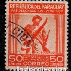 Sellos: PARAGUAY IVERT Nº 489 (AÑO 1952), 1º ANIVERSARIO DE LA PAZ DE CHACÓ, USADO
