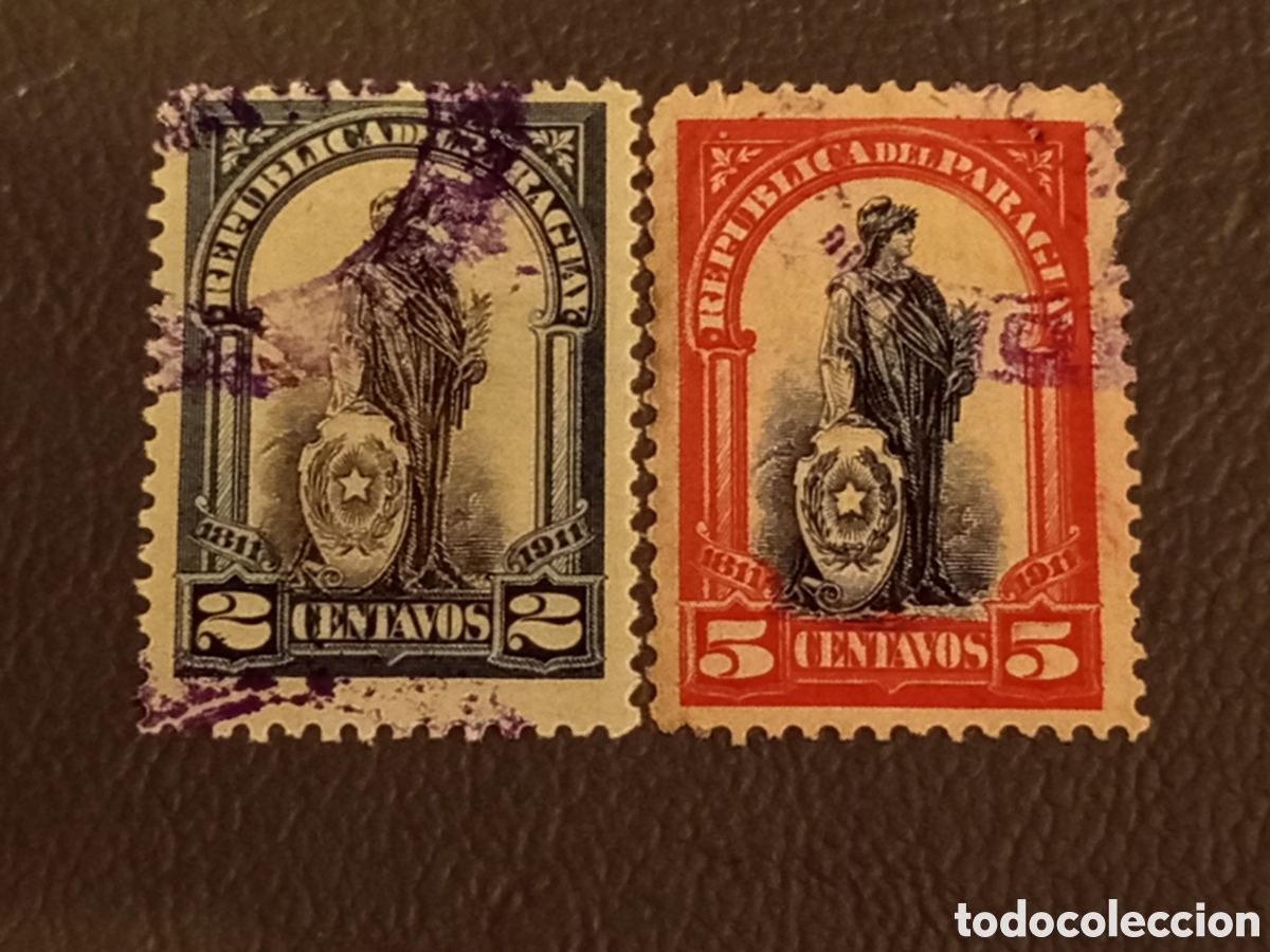 Sellos: Paraguay 1911 - Pareja Centenario Independencia 2c y 5c (Scott #202 / #203) Usados