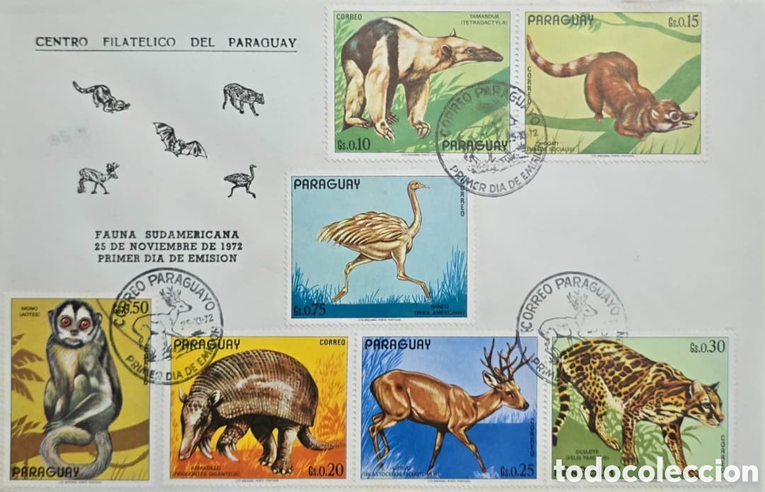 Sellos: CA) Paraguay , sobre de primer d&iacute;a de emisi&oacute;n con estampillas de tem&aacute;tica de fauna silvestre que