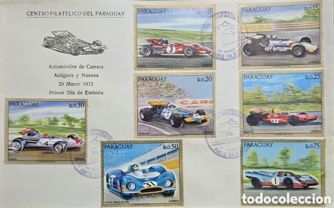 Timbres: CA) Paraguay , sobre de primer d&iacute;a de emisi&oacute;n conmemorativo de autom&oacute;viles de carrera antiguos y