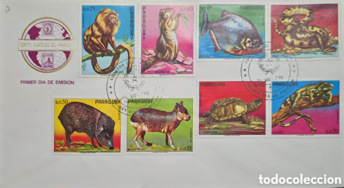 Stamps: CA) Paraguay , sobre de primer d&iacute;a de emisi&oacute;n que conmemora la fauna silvestre con timbres de te