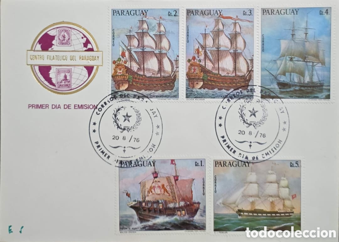 Sellos: CA) Paraguay , sobre de primer d&iacute;a de emisi&oacute;n que conmemora la historia mar&iacute;tima con timbres de
