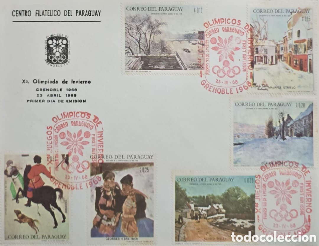 Sellos: CA) Paraguay , sobre de primer d&iacute;a de emisi&oacute;n que conmemora la Xa. Olimpiada de Invierno Grenobl