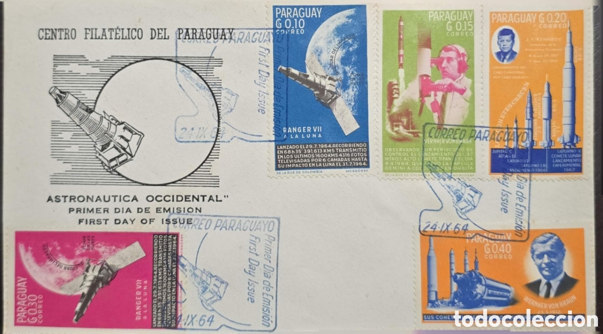 Sellos: CA) Paraguay , sobre de primer d&iacute;a de emisi&oacute;n conmemorativo de la exploraci&oacute;n espacial con timbr