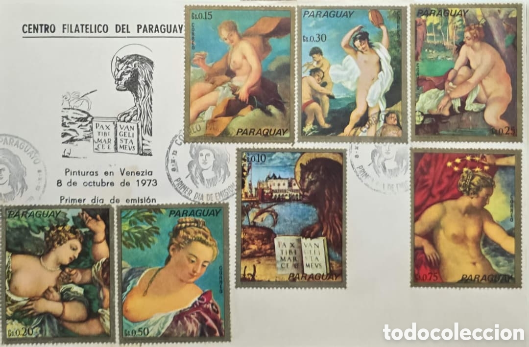 Sellos: CA) Paraguay , sobre de primer d&iacute;a de emisi&oacute;n conmemorativo del arte universal con timbres de te