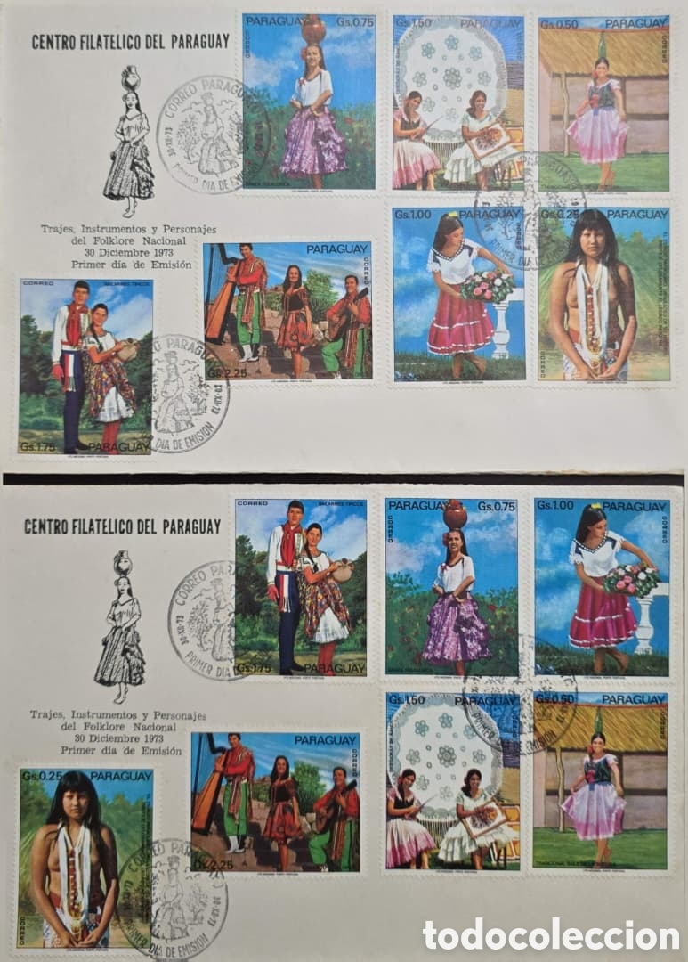 Timbres: CA) Paraguay , sobres de primer d&iacute;a de emisi&oacute;n conmemorativos de trajes, instrumentos y personaj