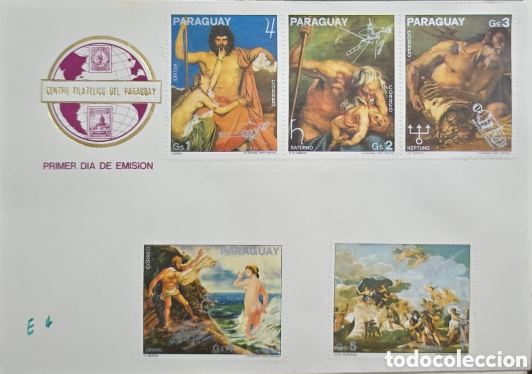 Timbres: CA) Paraguay , sobre de primer d&iacute;a de emisi&oacute;n conmemorativo de la exploraci&oacute;n espacial y la mito