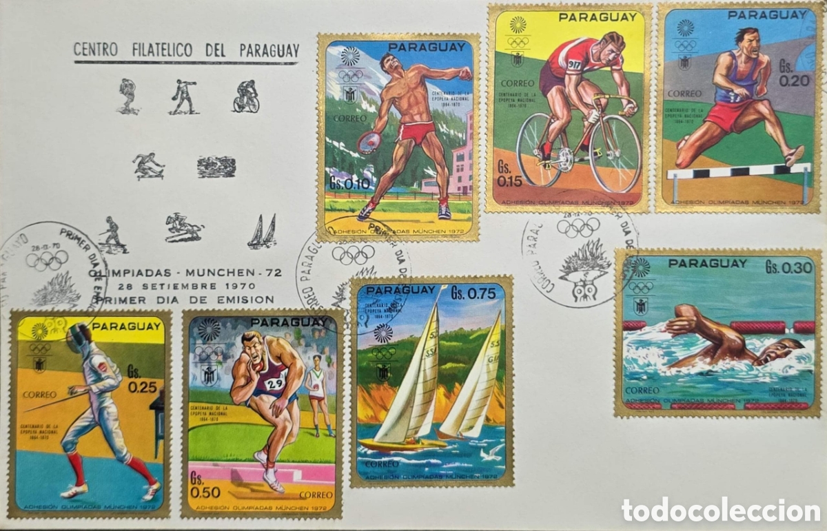 Sellos: CA) Paraguay , sobre de primer d&iacute;a de emisi&oacute;n conmemorativo de las Olimpiadas de M&uacute;nich 72 con t