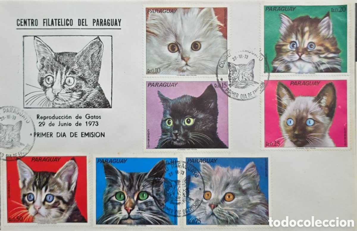 Sellos: CA) Paraguay , sobre de primer d&iacute;a de emisi&oacute;n conmemorativo de la reproducci&oacute;n de gatos con timb