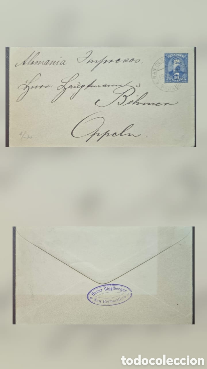 Sellos: CA)Paraguay + 1903 + Commercial Cover + Blue 10 centavos stamp with &ldquo;San Bernardino&rdquo; postmark, addre