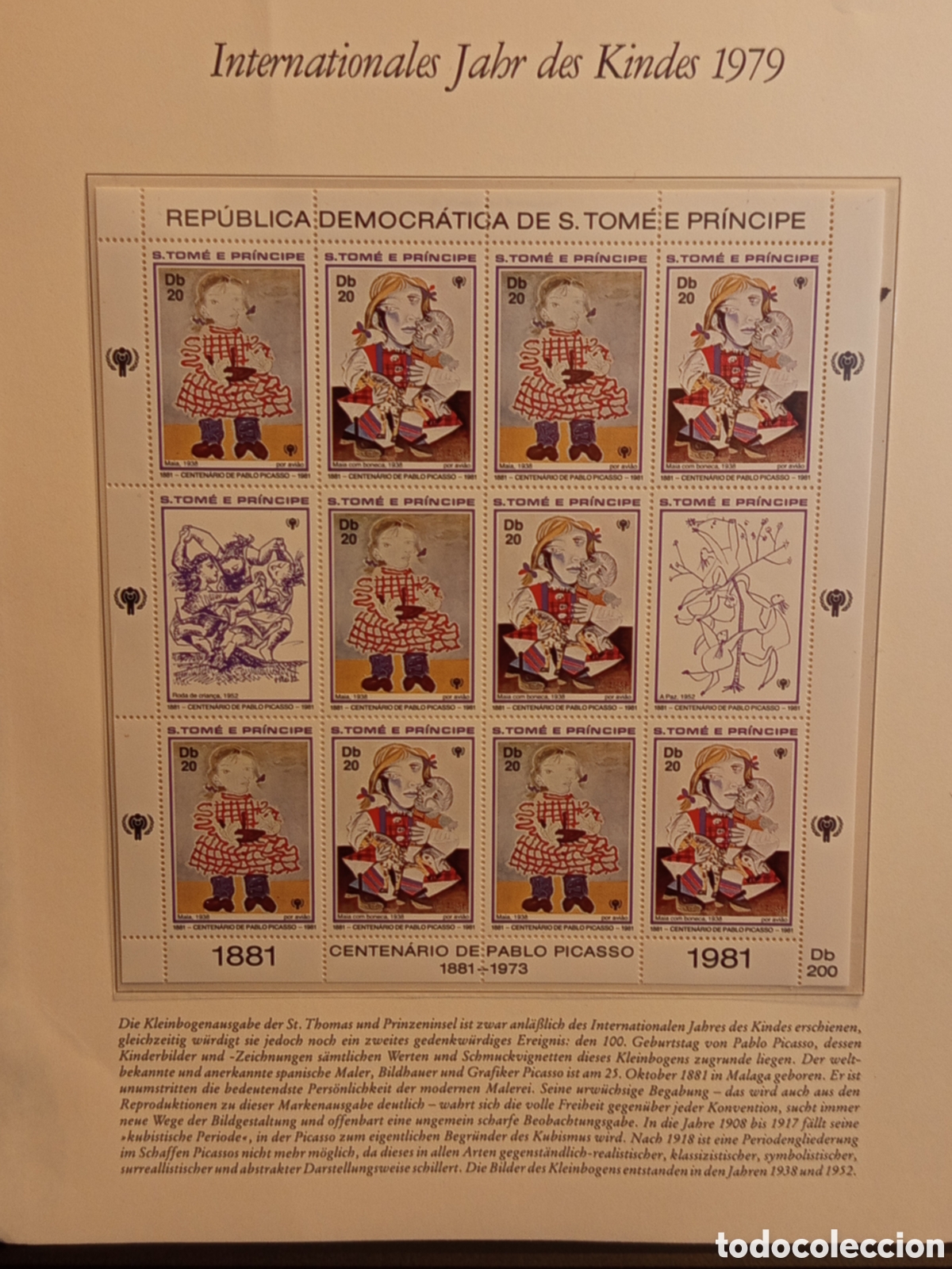 Sellos: &rdquo;Santo Tom&eacute; y Pr&iacute;ncipe 1981 - Hoja Picasso Centenario - Ni&ntilde;os - Db20 x12&rdquo;