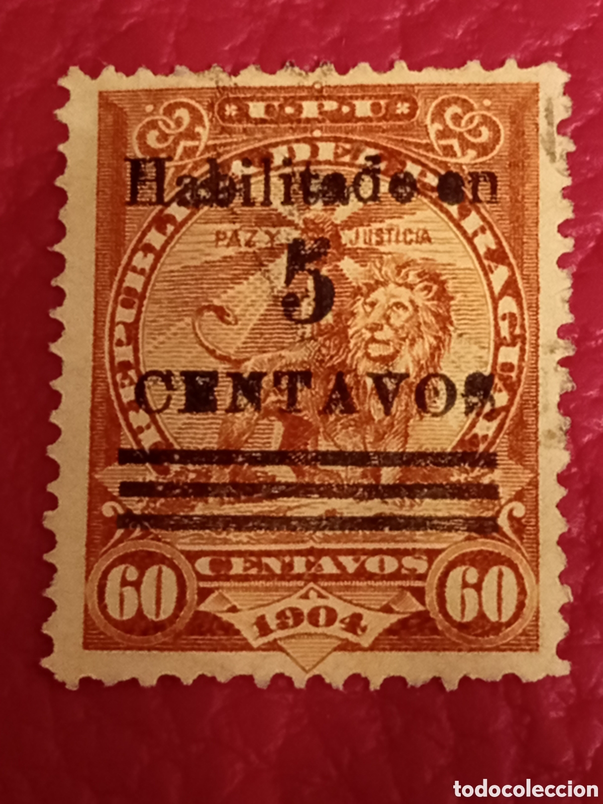 Sellos: Sello Paraguay 5c sobre 60c Le&oacute;n 1904 (Scott 80 / Habilitado)