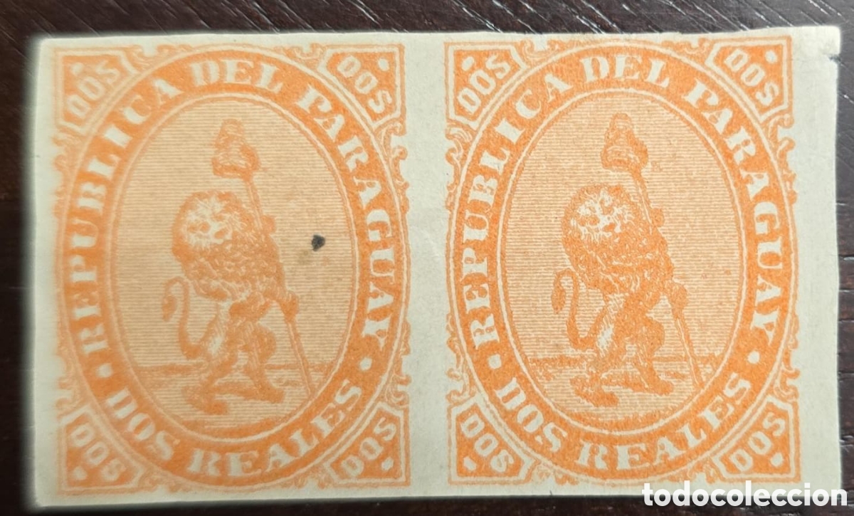 Sellos: Cy) 1860 Paraguay &ndash; India paper proof Brief description: Orange imperforate pair showing the classic