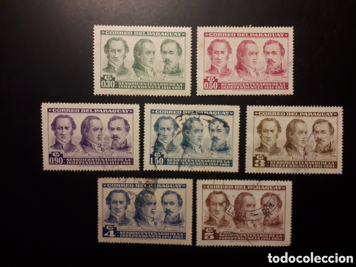 Sellos: PARAGUAY YVERT 598/604 SERIE CTA MAYOR&Iacute;A USADA 1961 INDEPENDENCIA, PERSONAJES PEDIDO M&Iacute;NIMO 3&euro;