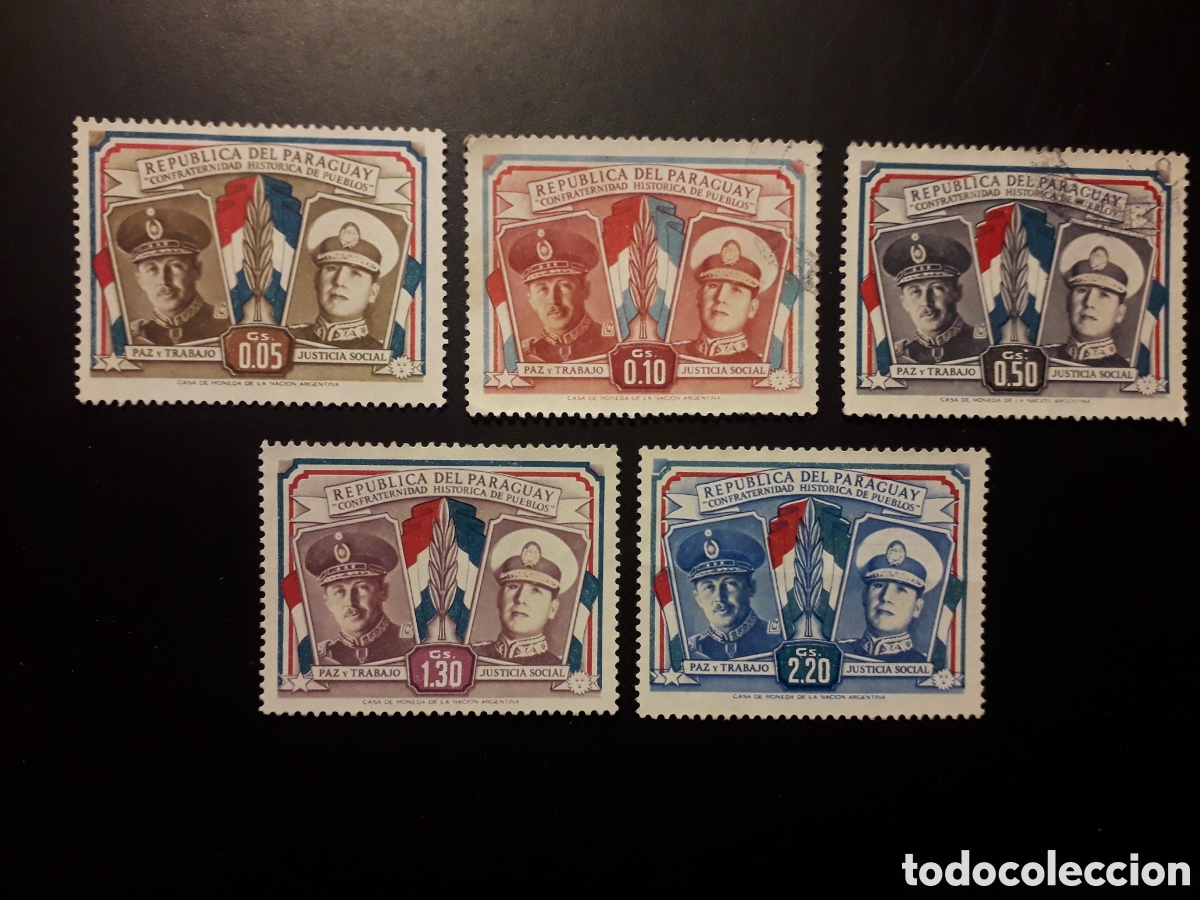 Sellos: PARAGUAY YVERT 506/10 SERIE CTA USADA 1955 BANDERAS, PRESIDENTES STROESSNER Y PER&Oacute;N PEDIDO M&Iacute;NIMO 3&euro;