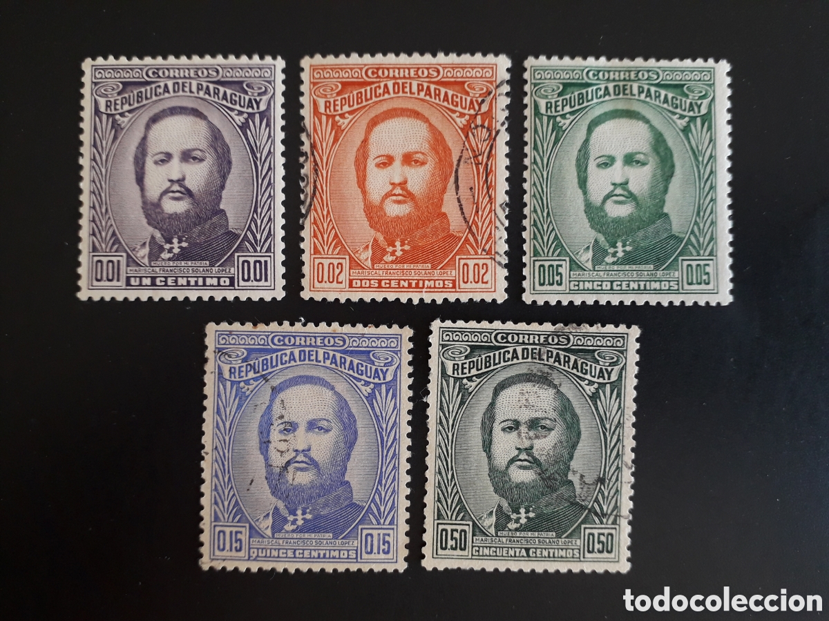 Sellos: PARAGUAY YVERT 464/8 SERIE COMPLETA USADA 1947 MARISCAL FRANCISCO SOLANO L&Oacute;PEZ PEDIDO M&Iacute;NIMO 3&euro;