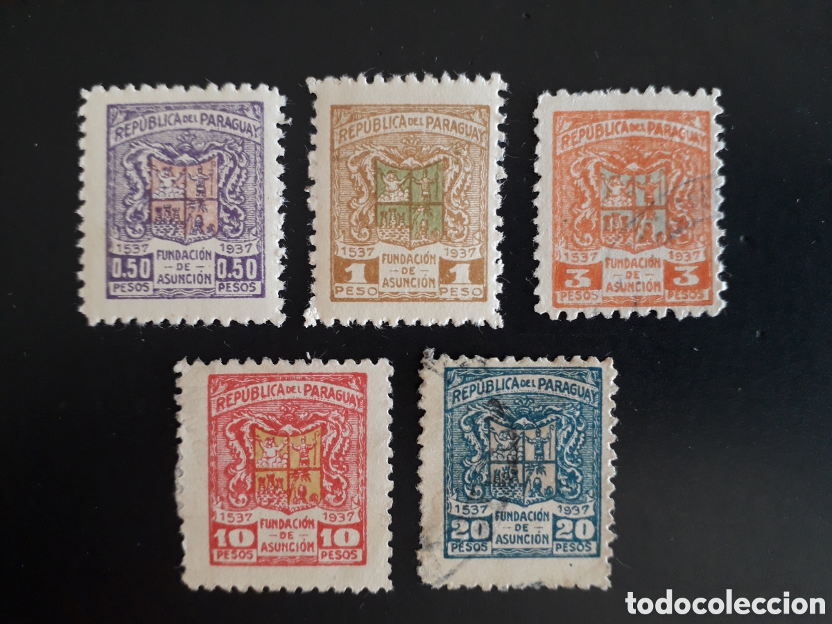 Sellos: PARAGUAY YVERT 358/62 SERIE COMPLETA MAYOR&Iacute;A USADA 1937 100&deg; DE ASUNCI&Oacute;N, ESCUDOS PEDIDO M&Iacute;NIMO 3&euro;