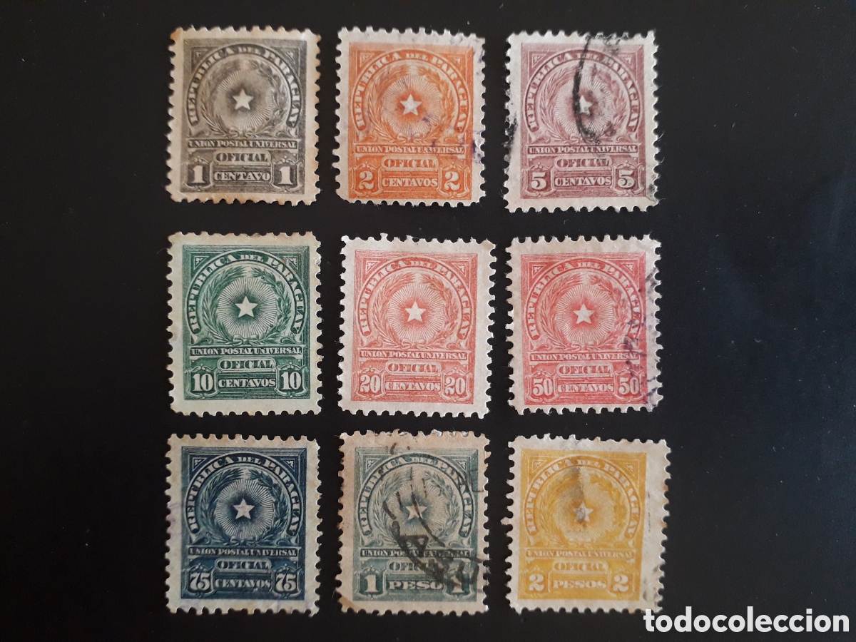Sellos: PARAGUAY YVERT OFICIAL 78/86 SERIE COMPLETA USADA Y SIN GOMA 1913-14 ESCUDO PEDIDO M&Iacute;NIMO 3&euro;