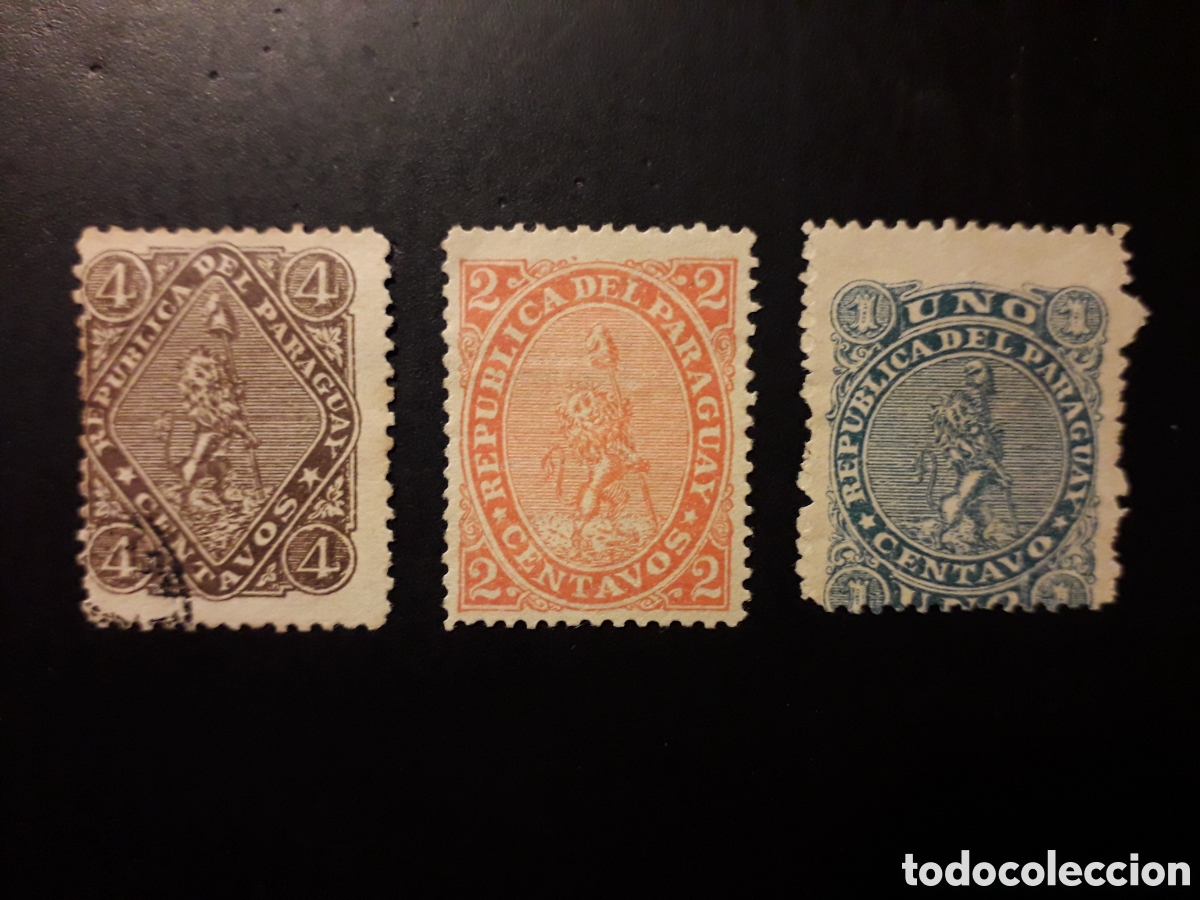 Sellos: PARAGUAY YVERT 14/5 SERIE COMPLETA USADA O SIN GOMA 1881 ESCUDO, LE&Oacute;N PEDIDO M&Iacute;NIMO 3&euro;