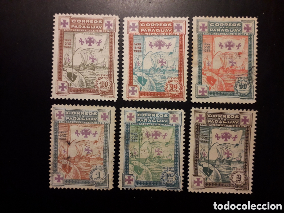 Sellos: PARAGUAY YVERT 343/4 SIN 349/50 SERIE CORTA USADA 1933 PARTIDA DE COL&Oacute;N, BARCOS PEDIDO M&Iacute;NIMO 3&euro;