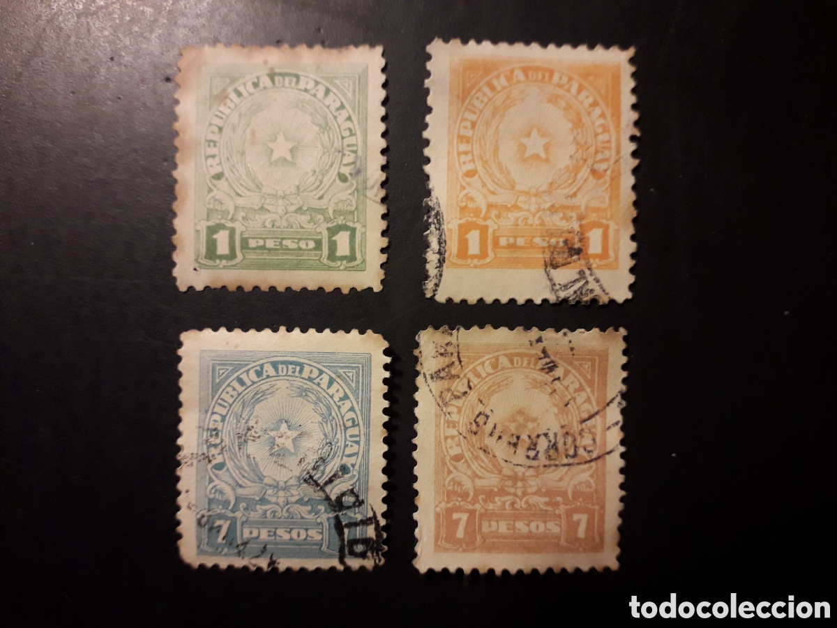 Sellos: PARAGUAY YVERT 413/6 SERIE COMPLETA USADA, DEFECTOS 1942-43 ESCUDOS PEDIDO M&Iacute;NIMO 3&euro;