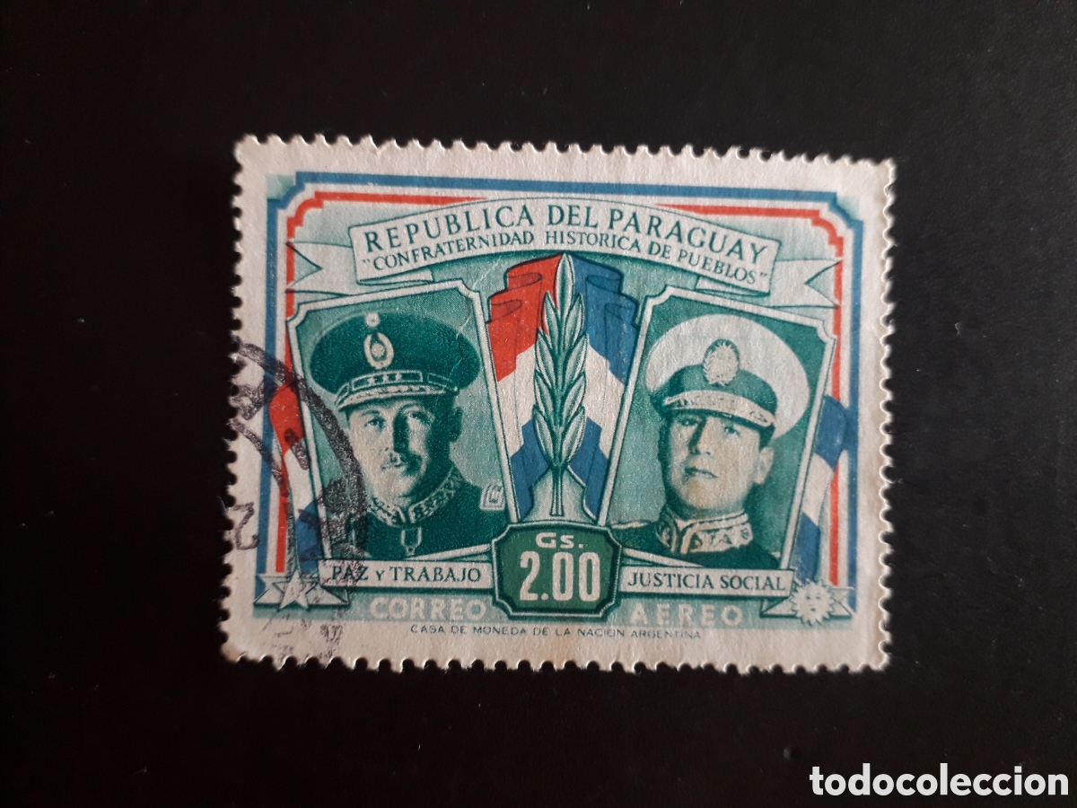 Sellos: PARAGUAY YVERT A 214 SELLO SUELTO USADO 1955 STROESSNER Y PER&Oacute;N, BANDERAS PEDIDO M&Iacute;NIMO 3&euro;