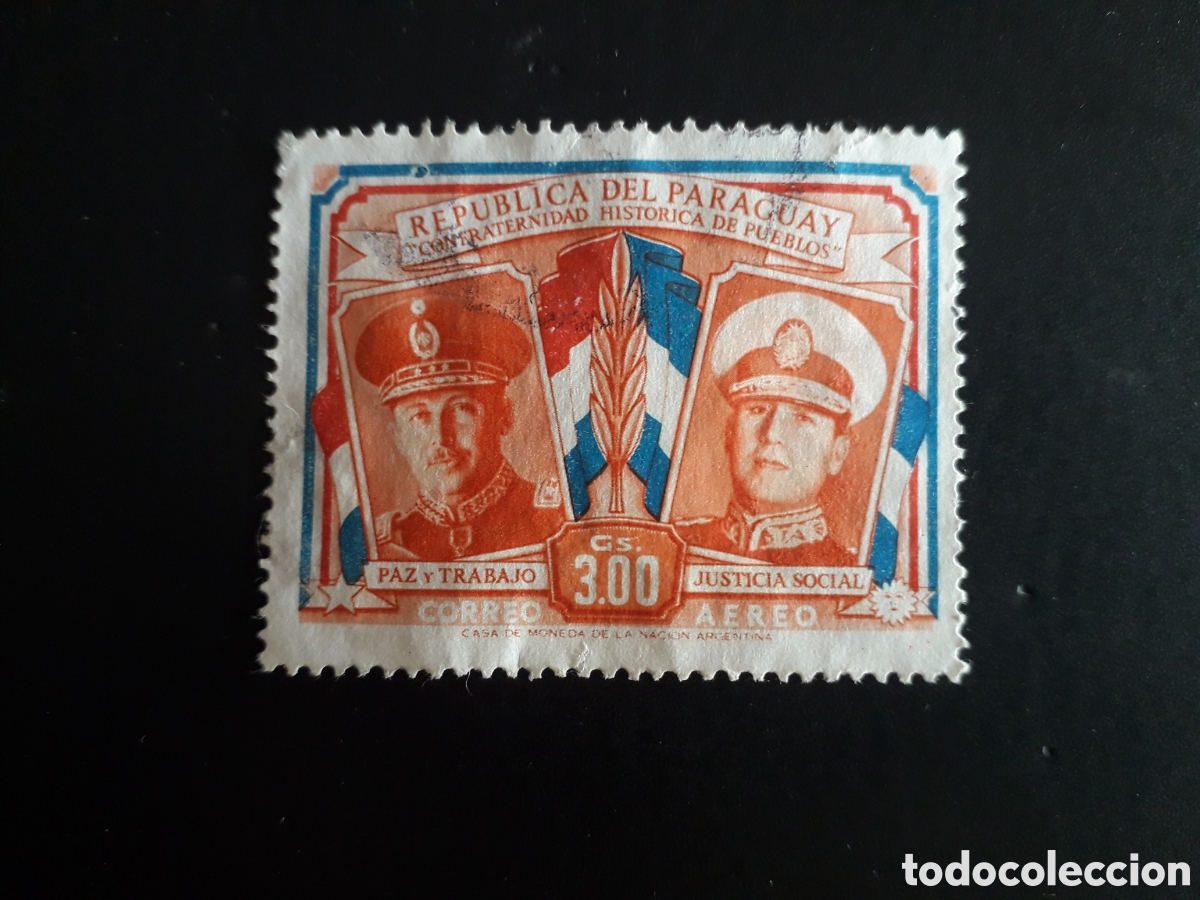 Sellos: PARAGUAY YVERT A 215 SELLO SUELTO USADO 1955 STROESSNER Y PER&Oacute;N, BANDERAS PEDIDO M&Iacute;NIMO 3&euro;