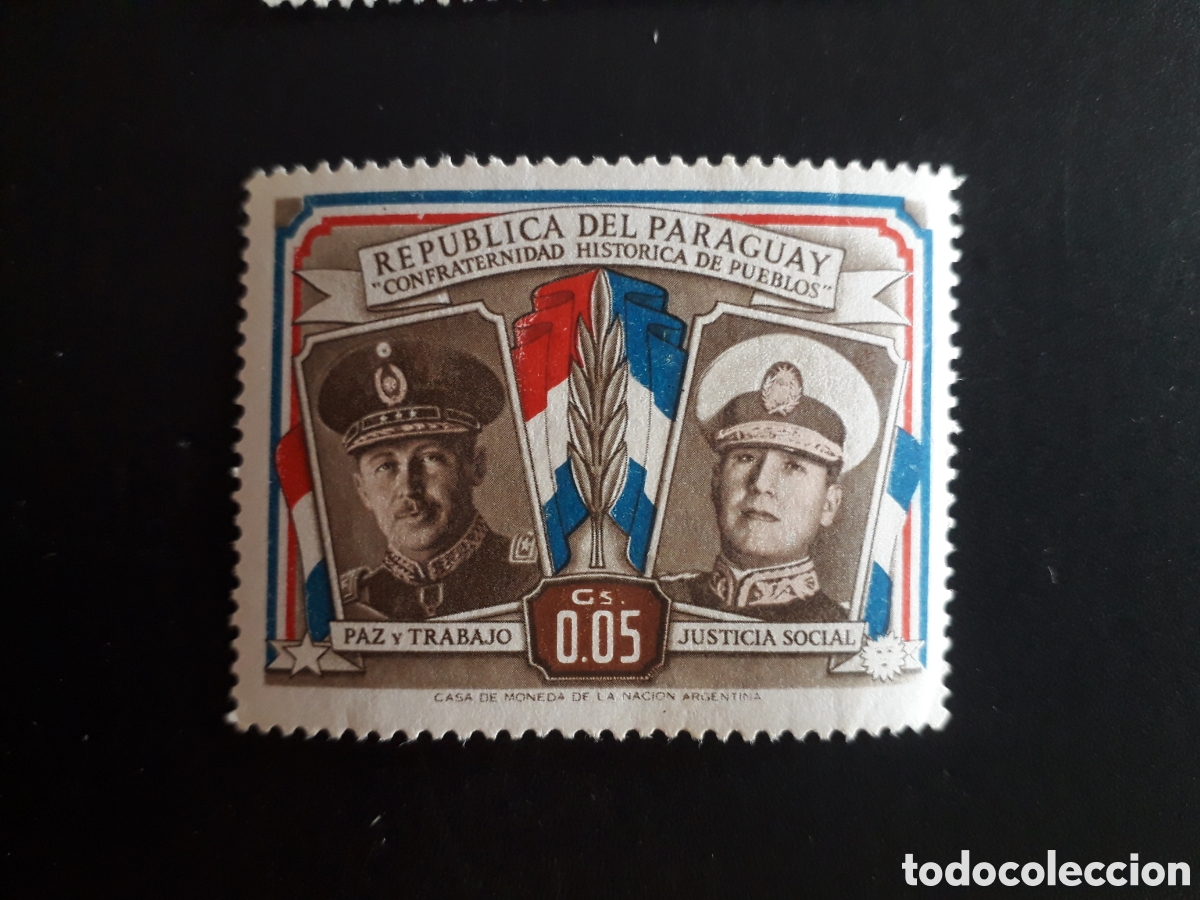 Sellos: PARAGUAY YVERT 506 SELLO SUELTO NUEVO CON CHARNELA 1955 STROESSNER Y PER&Oacute;N BANDERAS PEDIDO M&Iacute;NIMO 3&euro;