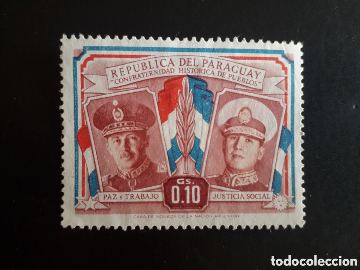 Sellos: PARAGUAY YVERT 507 SELLO SUELTO SIN GOMA 1955 STROESSNER Y PER&Oacute;N, BANDERAS PEDIDO M&Iacute;NIMO 3&euro;