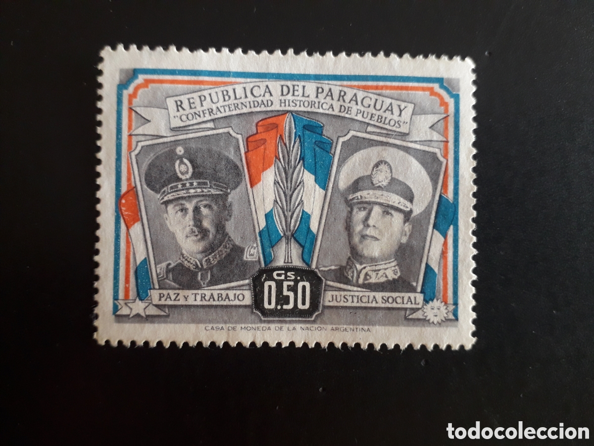Sellos: PARAGUAY YVERT 508 SELLO SUELTO SIN GOMA 1955 STROESSNER Y PER&Oacute;N, BANDERAS PEDIDO M&Iacute;NIMO 3&euro;